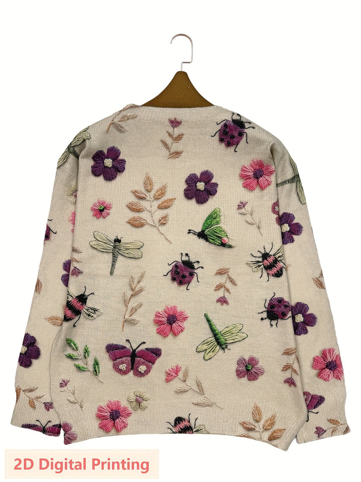 Delphine | Pull Brodé Fleurs et Insectes