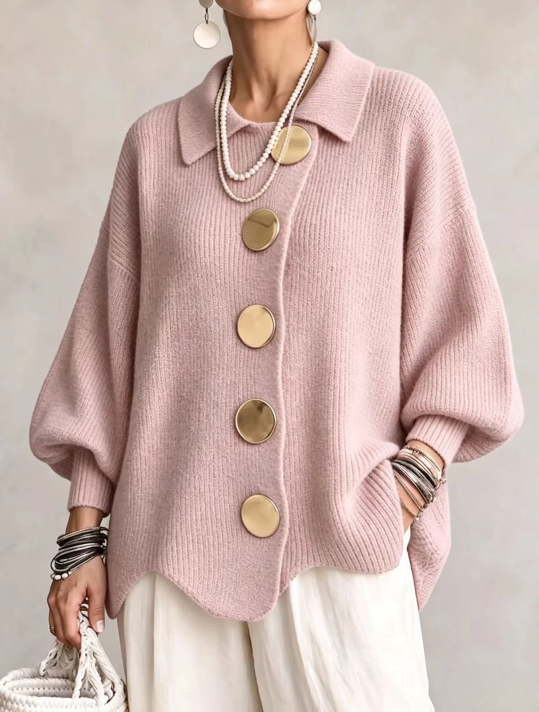 Albane | Cardigan Oversize à Col Chemise et Boutons Dorés