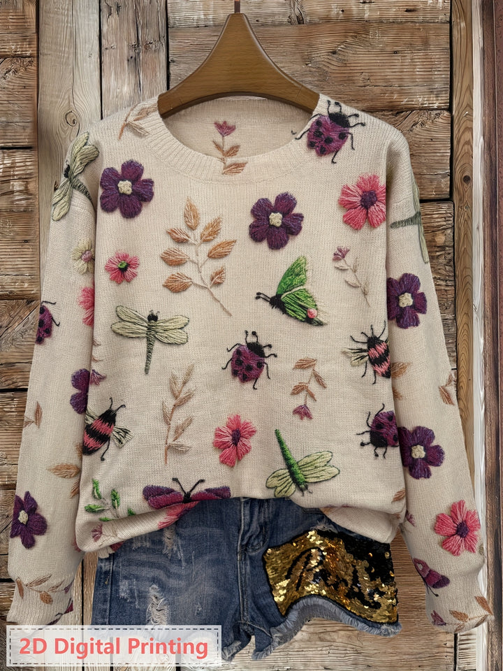 Delphine | Pull Brodé Fleurs et Insectes