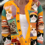 Véronique | Gilet Boutonné à Motif Chats