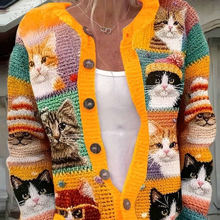 Véronique | Gilet Boutonné à Motif Chats