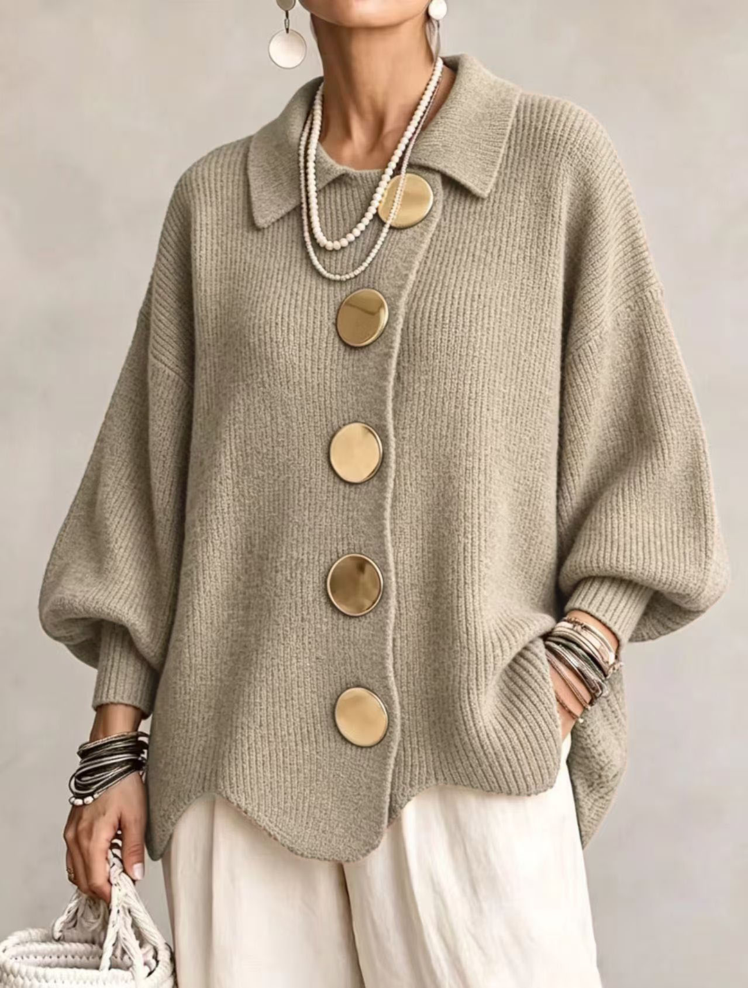 Albane | Cardigan Oversize à Col Chemise et Boutons Dorés