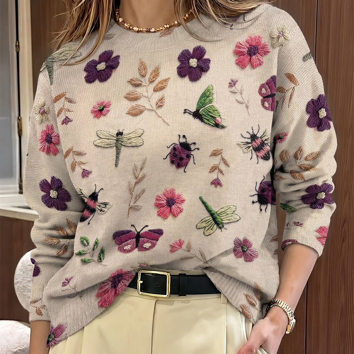 Delphine | Pull Brodé Fleurs et Insectes