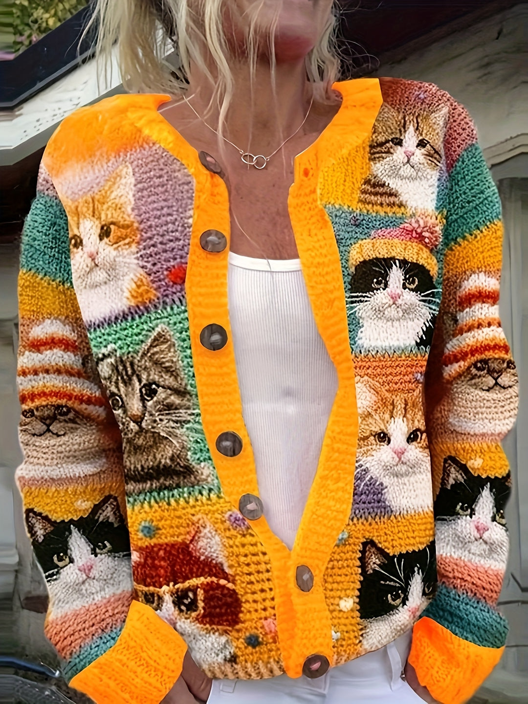 Véronique | Gilet Boutonné à Motif Chats