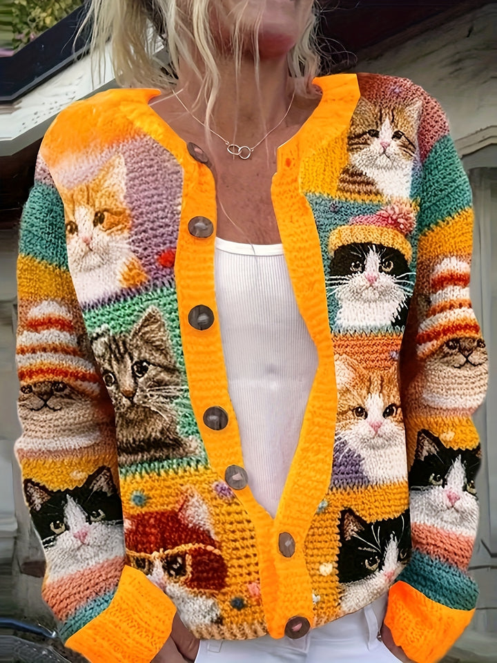 Véronique | Gilet Boutonné à Motif Chats