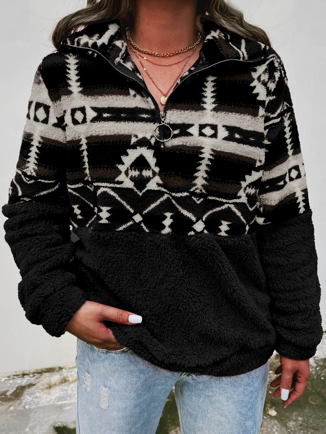 Léonie | Sweat Chaleureux à Demi-Zip et Motif Géométrique