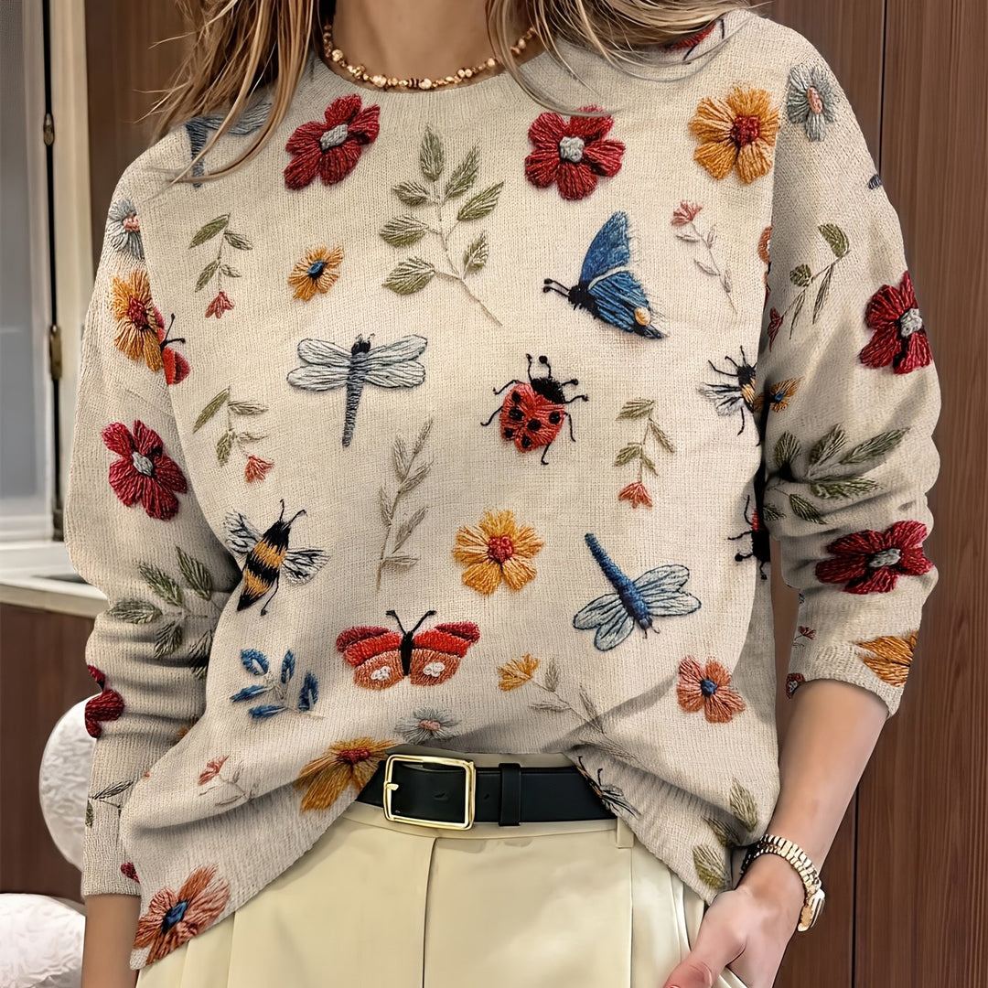 Delphine | Pull Brodé Fleurs et Insectes