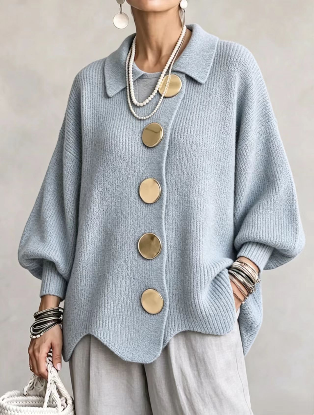 Albane | Cardigan Oversize à Col Chemise et Boutons Dorés