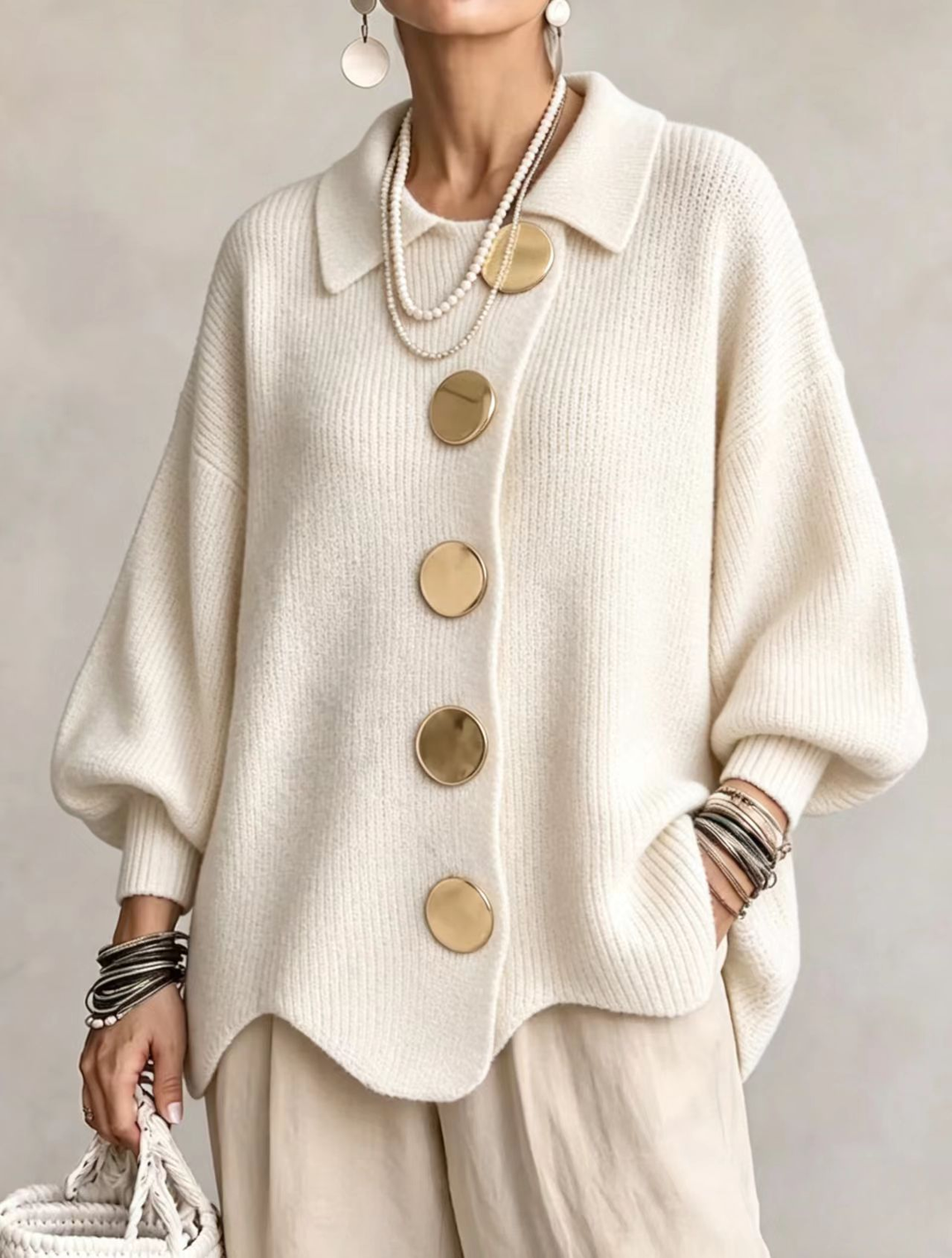 Albane | Cardigan Oversize à Col Chemise et Boutons Dorés