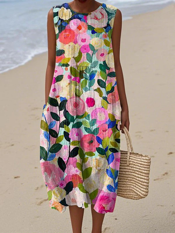 Pauline | Robe Mi-Longue Fleurie Sans Manches