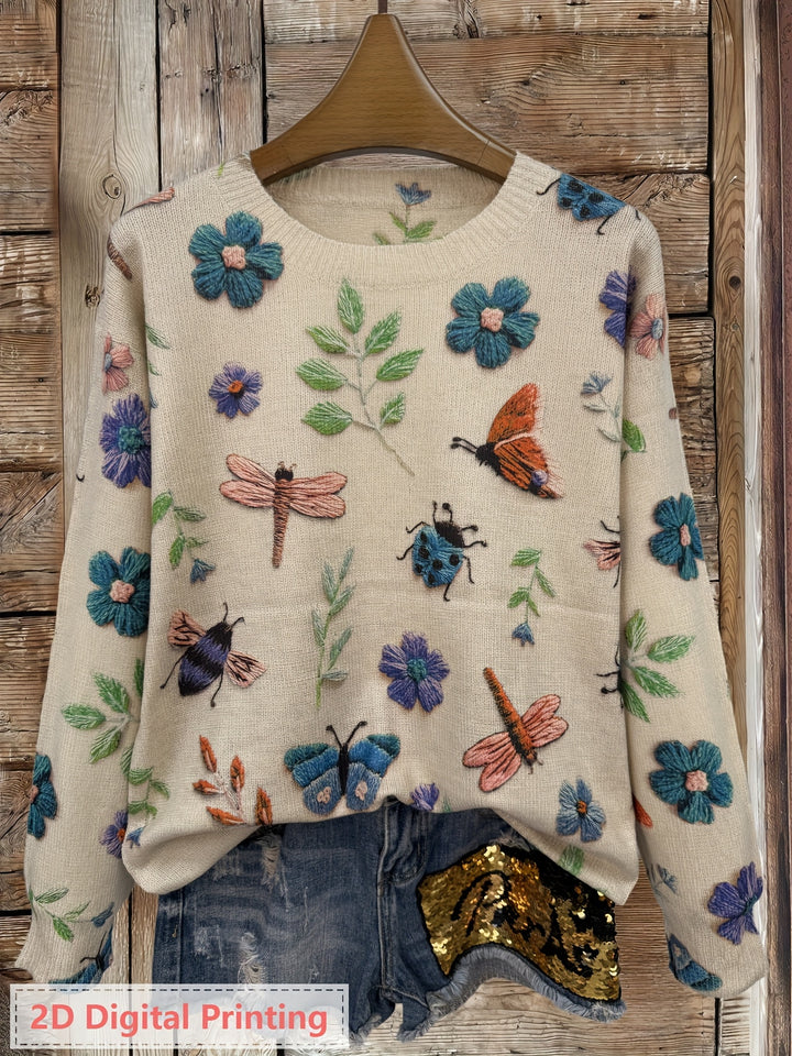Delphine | Pull Brodé Fleurs et Insectes