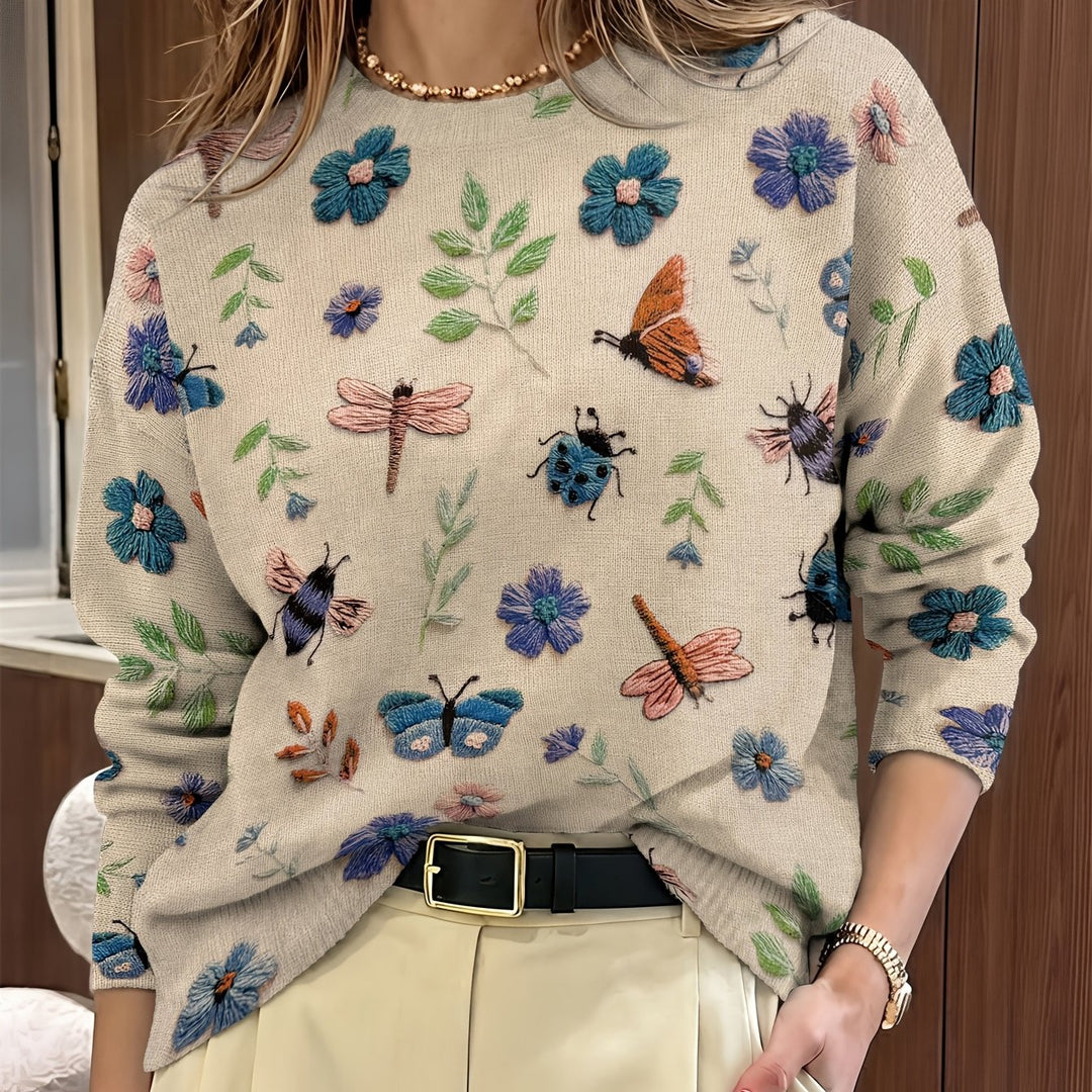 Delphine | Pull Brodé Fleurs et Insectes
