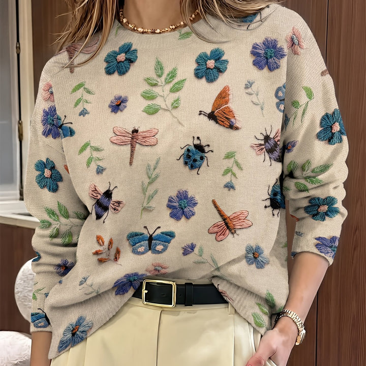 Delphine | Pull Brodé Fleurs et Insectes