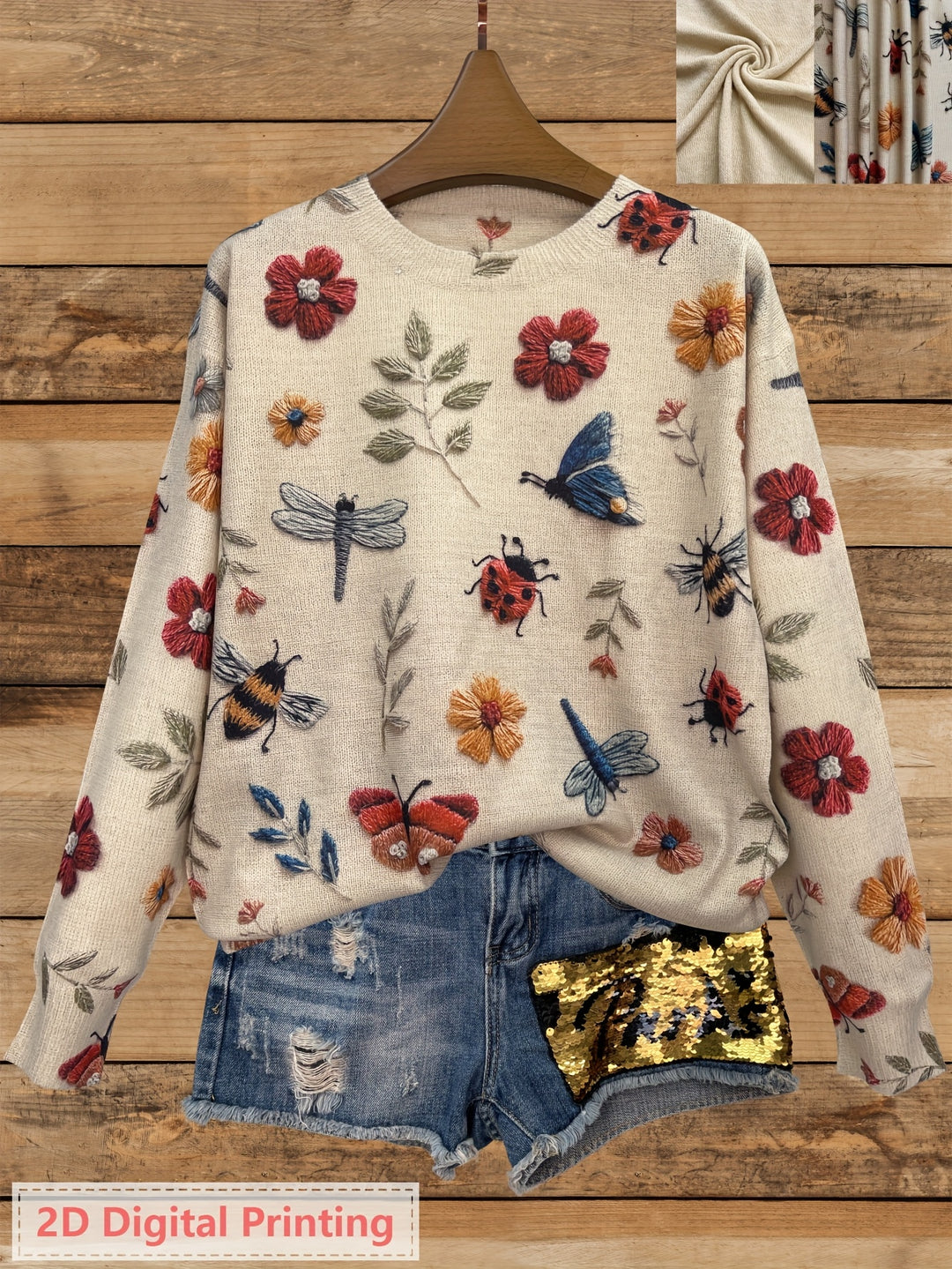 Delphine | Pull Brodé Fleurs et Insectes