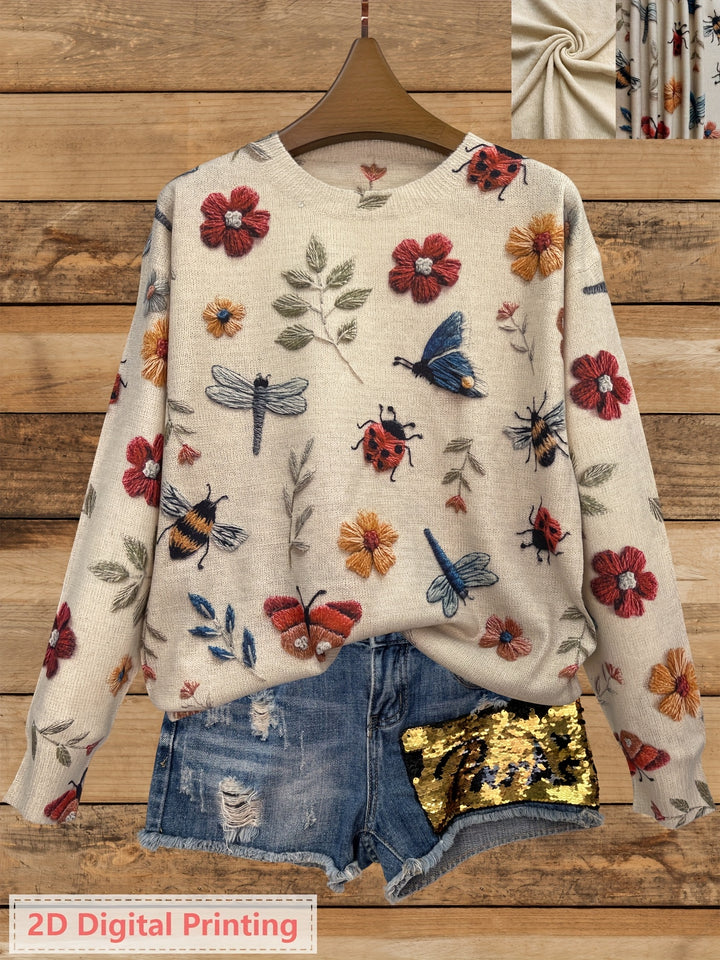 Delphine | Pull Brodé Fleurs et Insectes