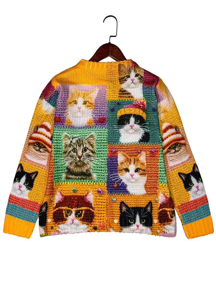 Véronique | Gilet Boutonné à Motif Chats