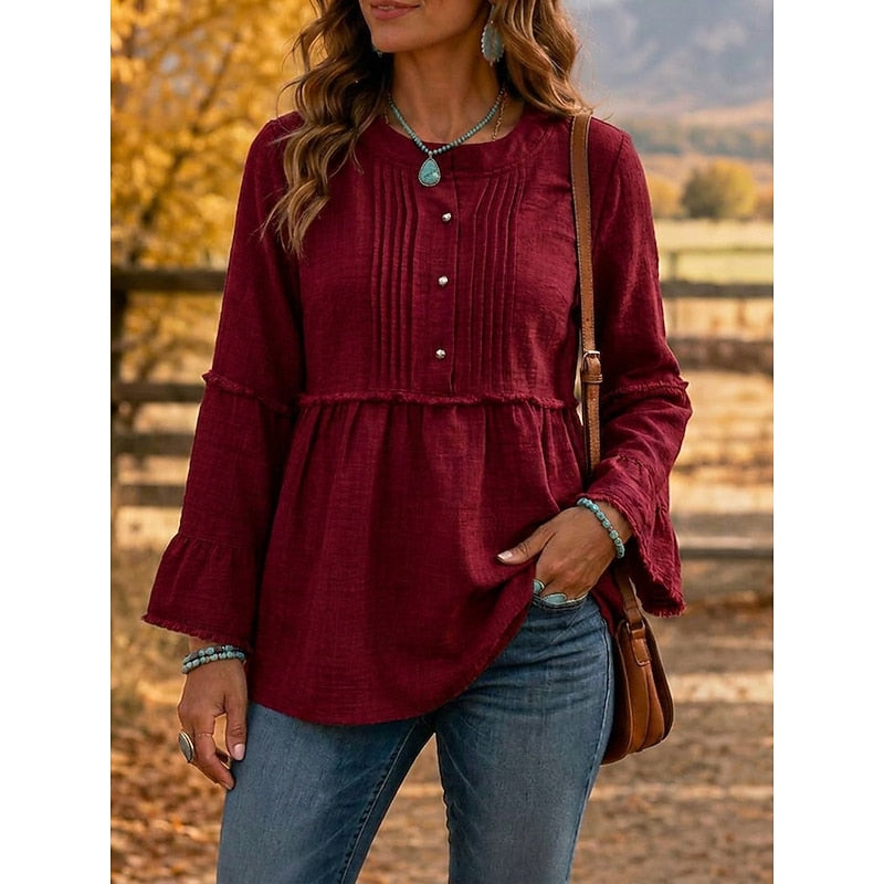 Aline | Blouse Bohème Froncée à Manches Longues